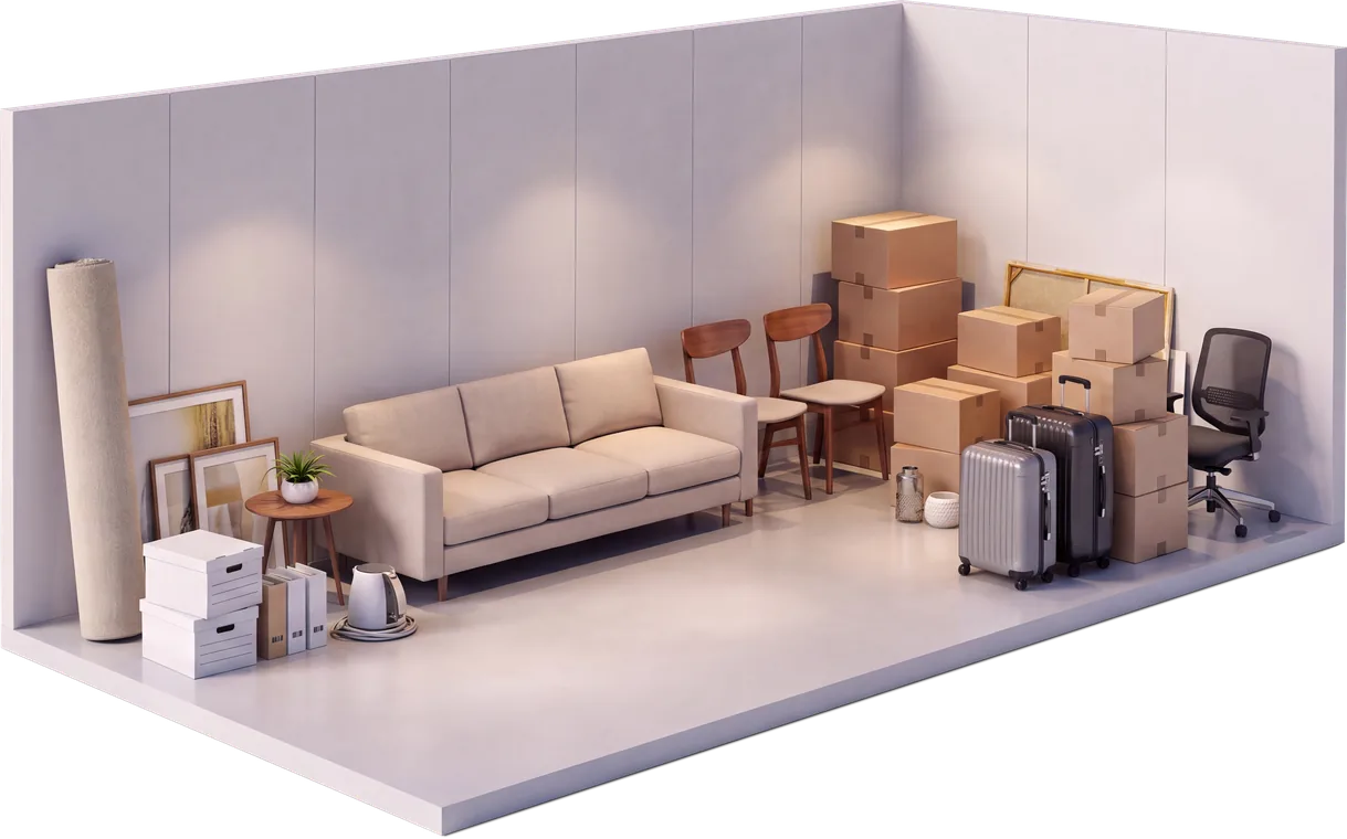 MaxLife 20 m³ depo odası — 2+1 ev eşyası yerleşimi