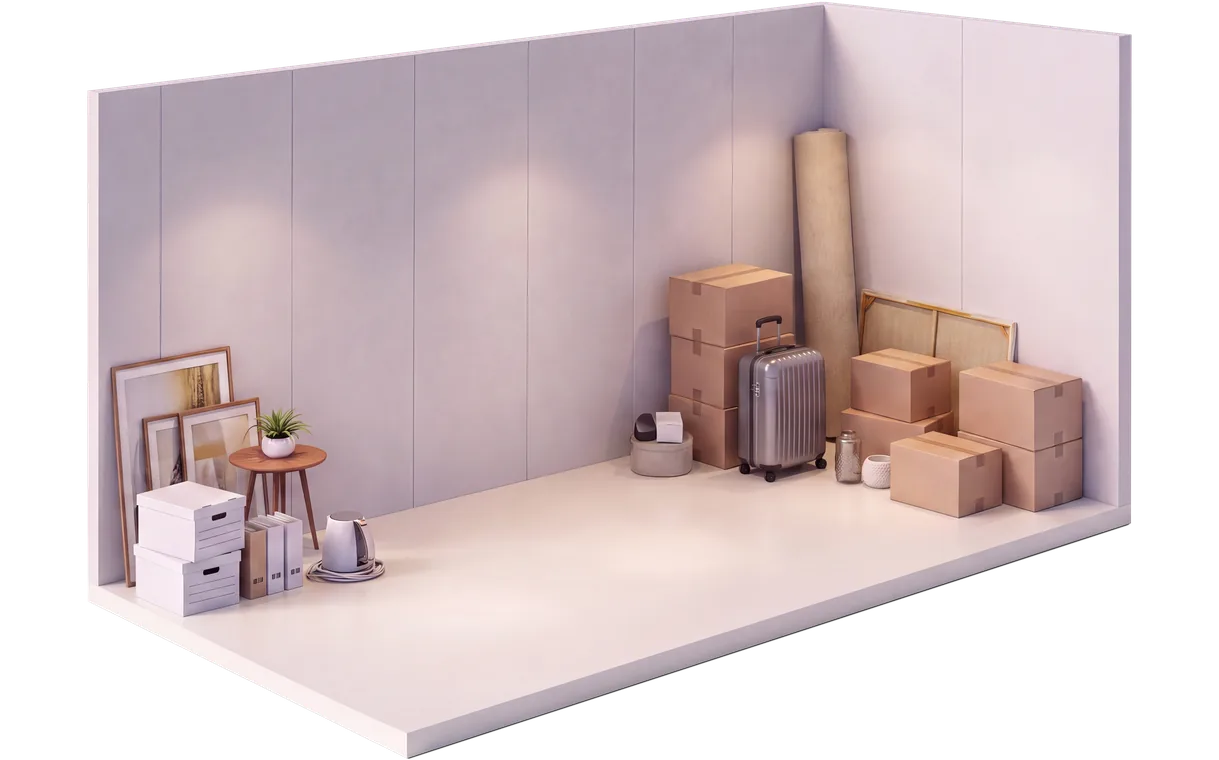 StandartLife 15 m³ depo odası — 1+1 ev eşyası yerleşimi
