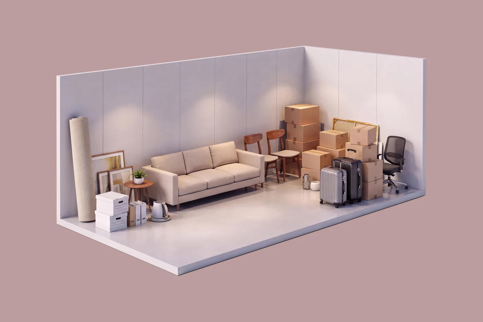 MaxLife 20 m³ depo odası — 2+1 ev eşyası yerleşimi
