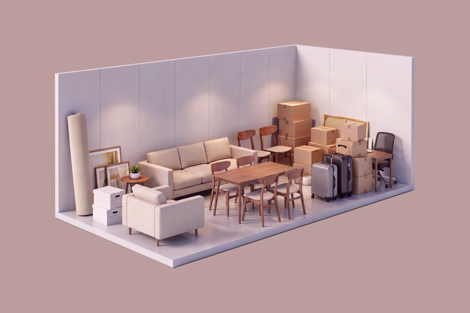 MegaLife 25 m³ depo odası — 3+1 ev eşyası yerleşimi