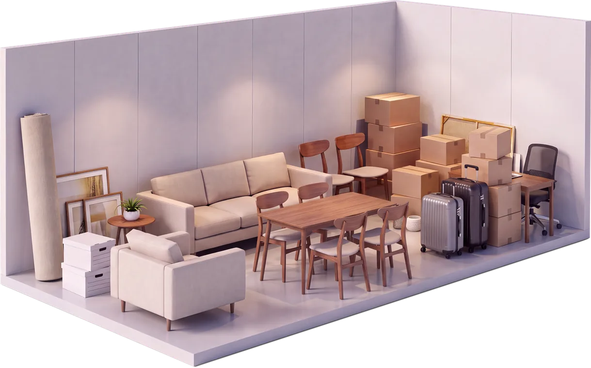 MegaLife 25 m³ depo odası — 3+1 ev eşyası yerleşimi